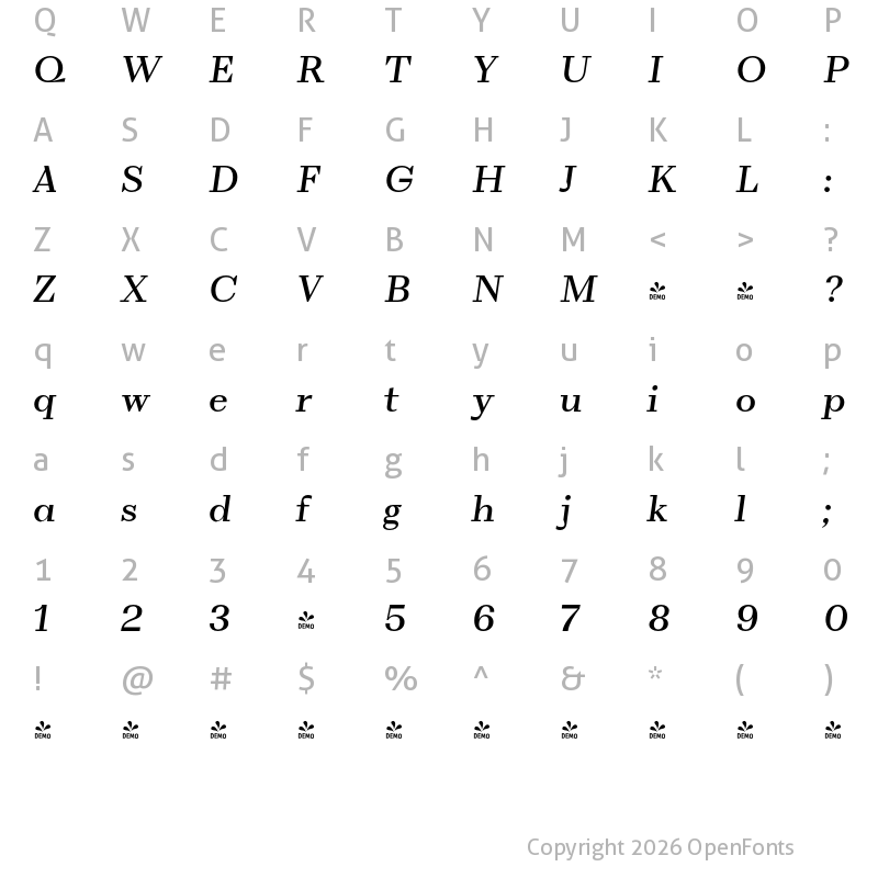 Character Map of FONTSPRING DEMO - VolkoSerif Text Italic