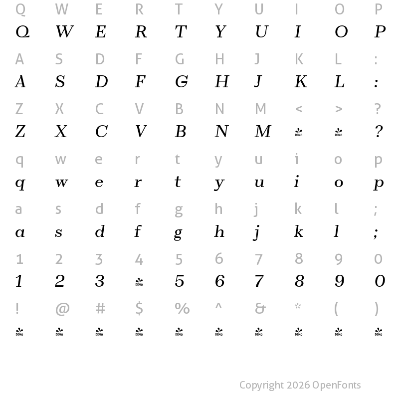 Character Map of FONTSPRING DEMO - VolkoSerif Text Light Italic Regular