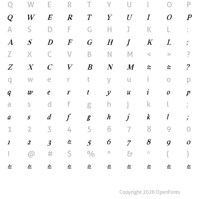 Character Map of FONTSPRING DEMO - VolumeTC-RusticItalic Rustic Italic