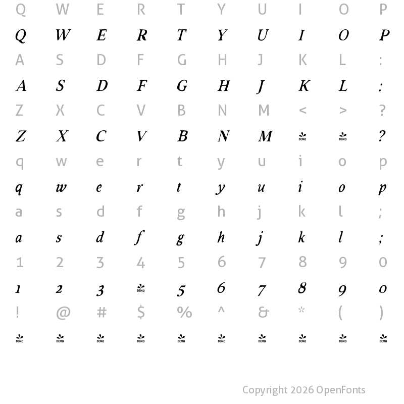 Character Map of FONTSPRING DEMO - VolumeTC-RusticSolidItalic Rustic Solid Italic