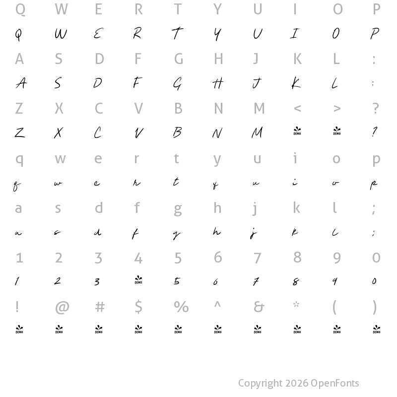 Character Map of FONTSPRING DEMO - VolumeTCScript-LightItalic Regular