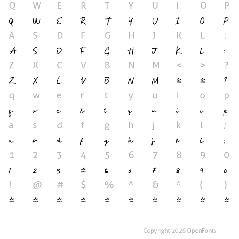 Character Map of FONTSPRING DEMO - VolumeTCScript-Regular Regular