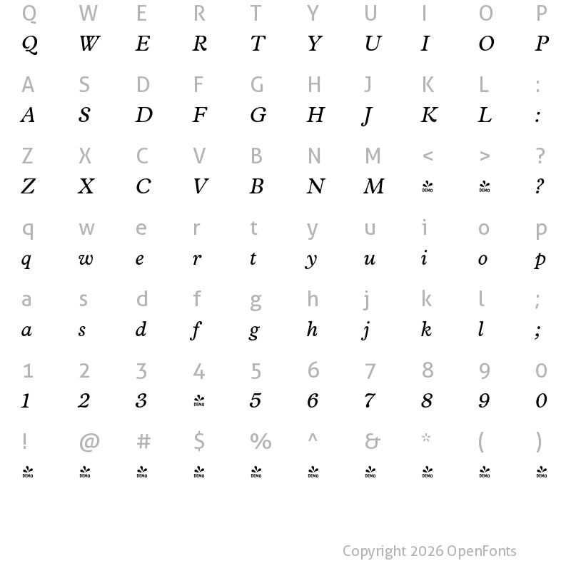 Character Map of FONTSPRING DEMO - Vulpa Italic