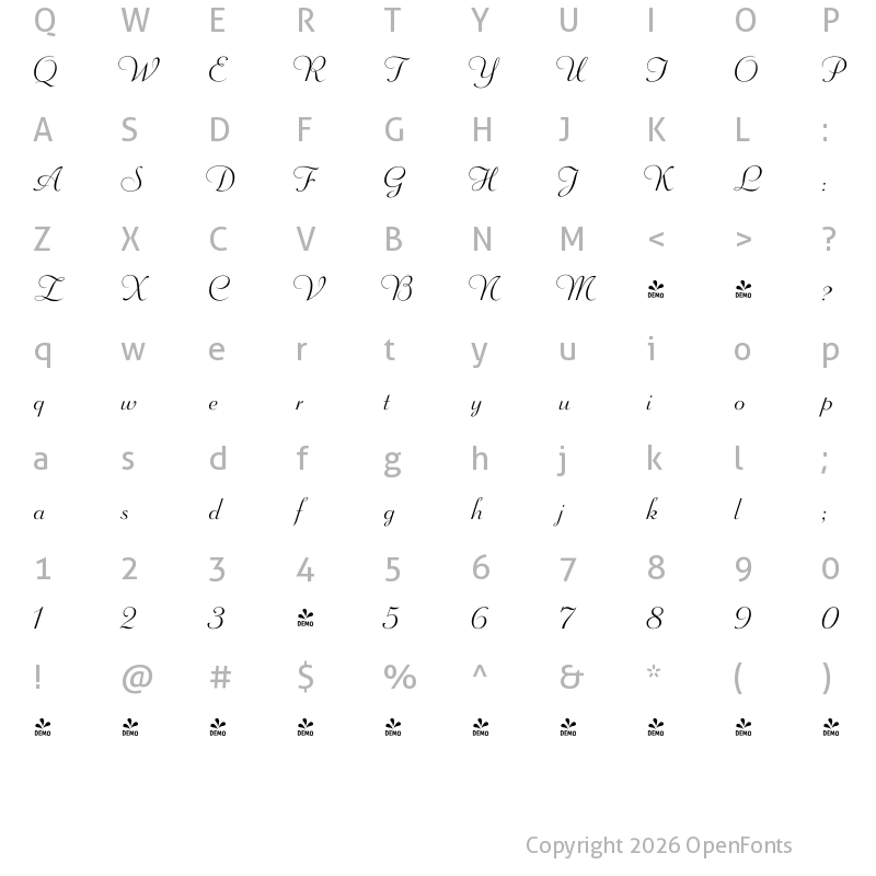 Character Map of FONTSPRING DEMO - Wagner Script Pro Regular