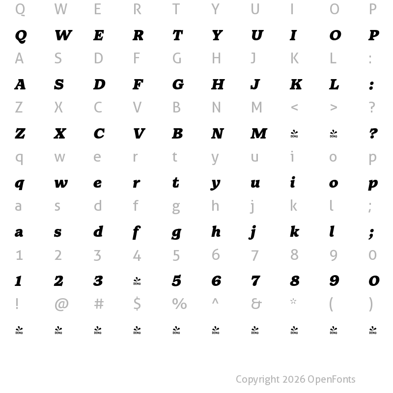 Character Map of FONTSPRING DEMO - Walden Black Italic Regular