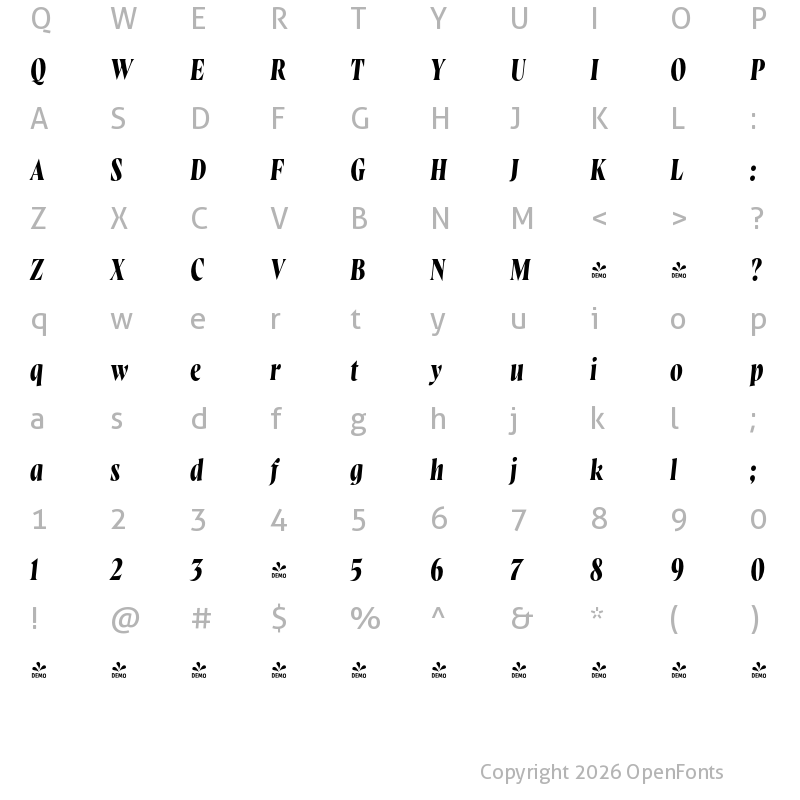 Character Map of FONTSPRING DEMO - Wayfinder CF Demi Bold Italic