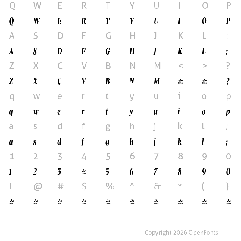 Character Map of FONTSPRING DEMO - Wayfinder CF Italic