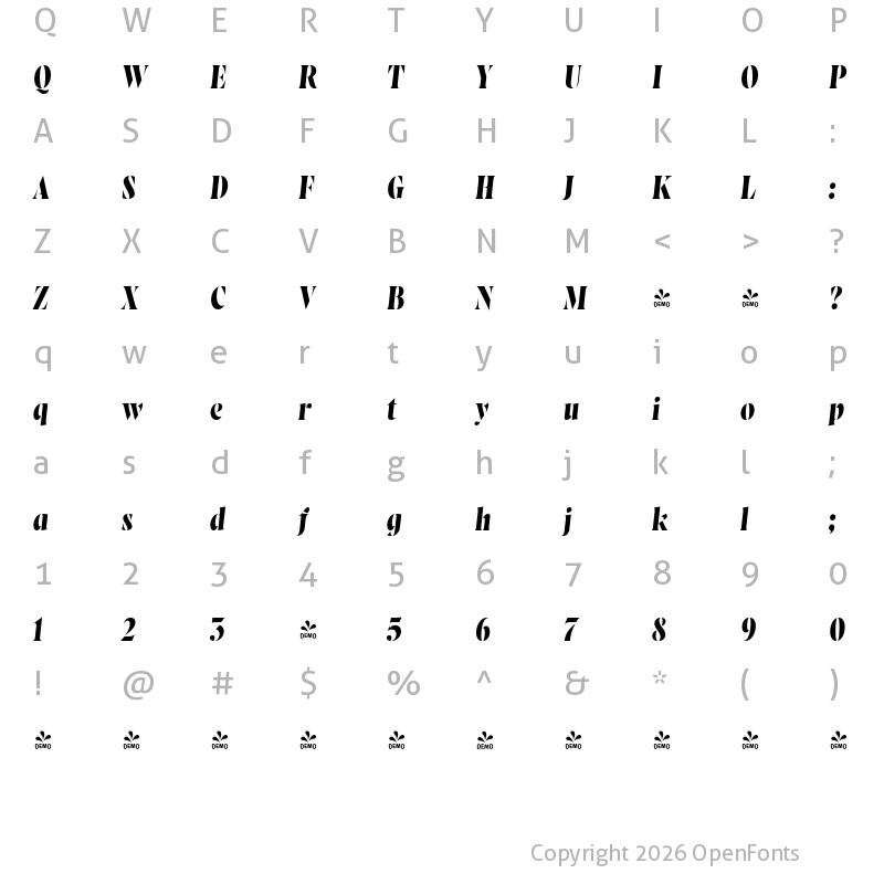 Character Map of FONTSPRING DEMO - Wayfinder Stencil CF Bold Italic
