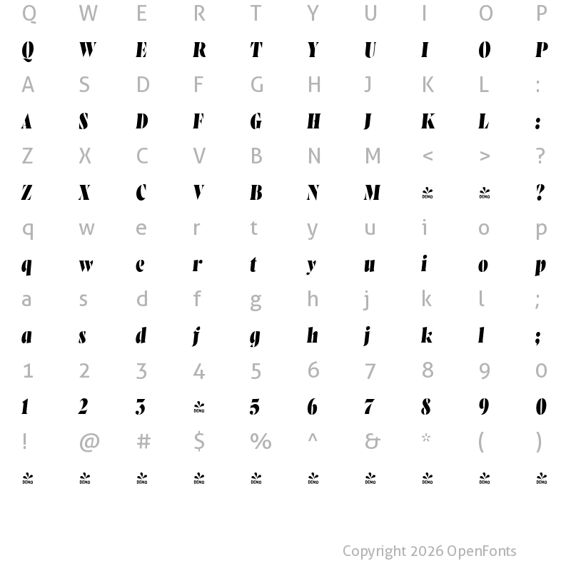 Character Map of FONTSPRING DEMO - Wayfinder Stencil CF Heavy Italic