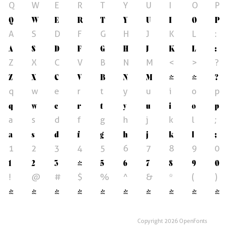 Character Map of FONTSPRING DEMO - Wayfinder Stencil CF Heavy Regular