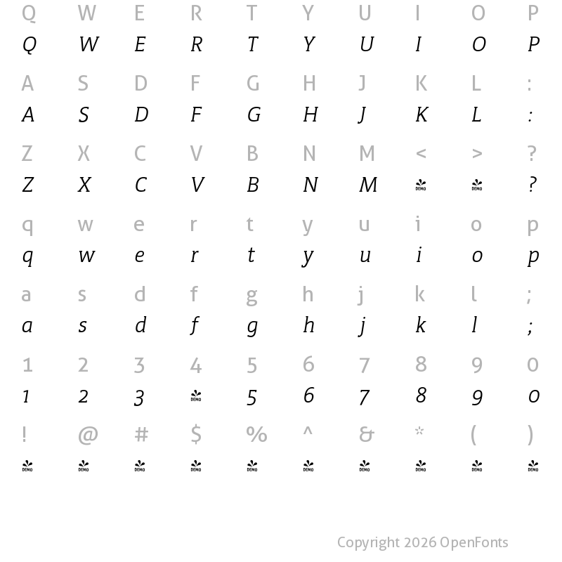 Character Map of FONTSPRING DEMO - WerkSerif Italic
