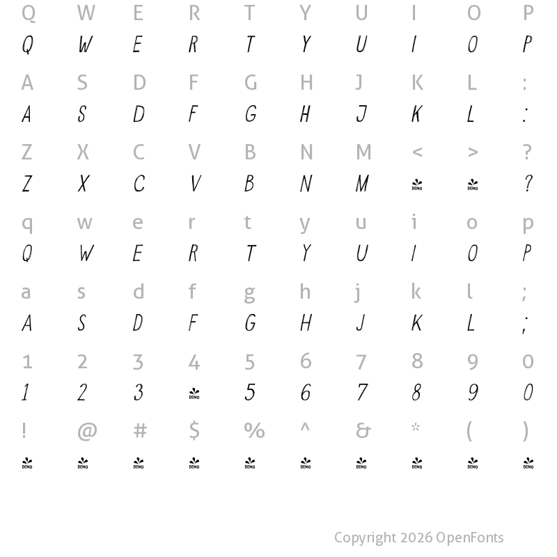 Character Map of FONTSPRING DEMO - Whatnot Italic