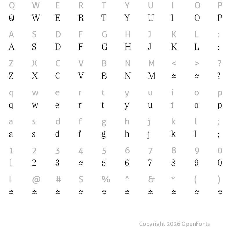 Character Map of FONTSPRING DEMO - Wichita Serial Light Regular