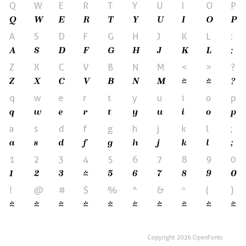 Character Map of FONTSPRING DEMO - Winslow Book Bold Italic Italic