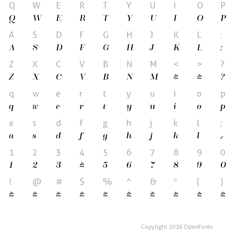 Character Map of FONTSPRING DEMO - Winslow Title Italic