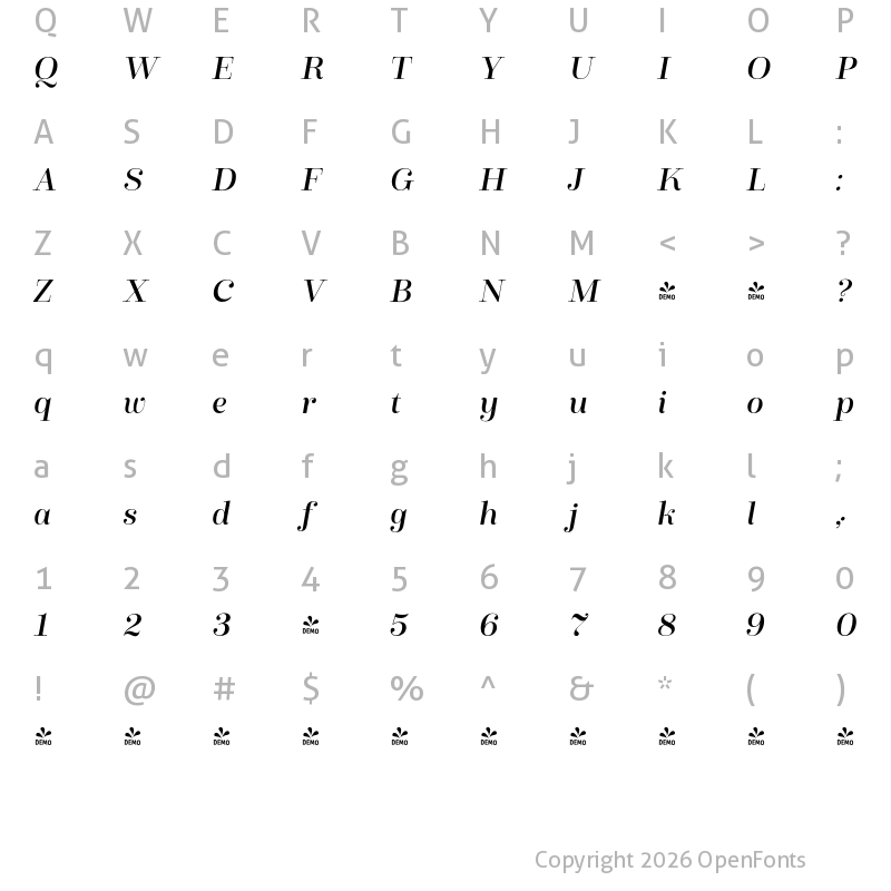 Character Map of FONTSPRING DEMO - Winslow Title Mod Italic