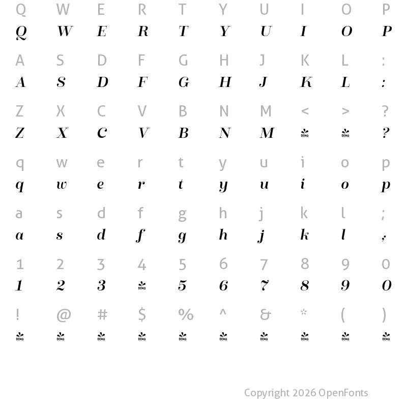 Character Map of FONTSPRING DEMO - Winslow Title Mod Medium Italic Regular