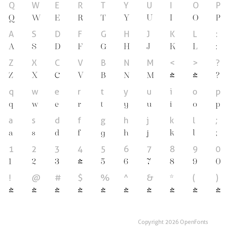 Character Map of FONTSPRING DEMO - Winslow Title Mod Thin Regular