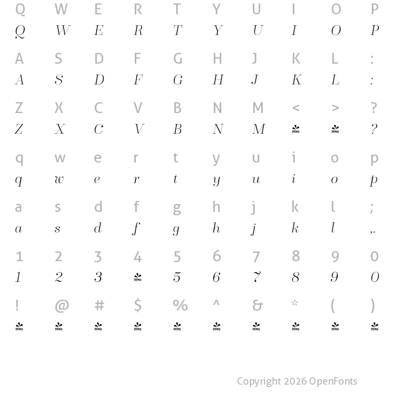 Character Map of FONTSPRING DEMO - Winslow Title Thin Italic Regular
