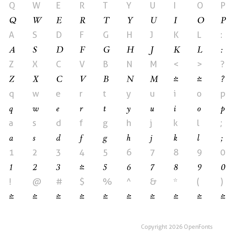 Character Map of FONTSPRING DEMO - Winthorpe Rg Italic