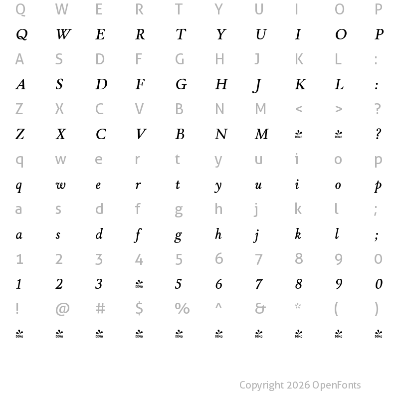 Character Map of FONTSPRING DEMO - Winthorpe Sb Italic