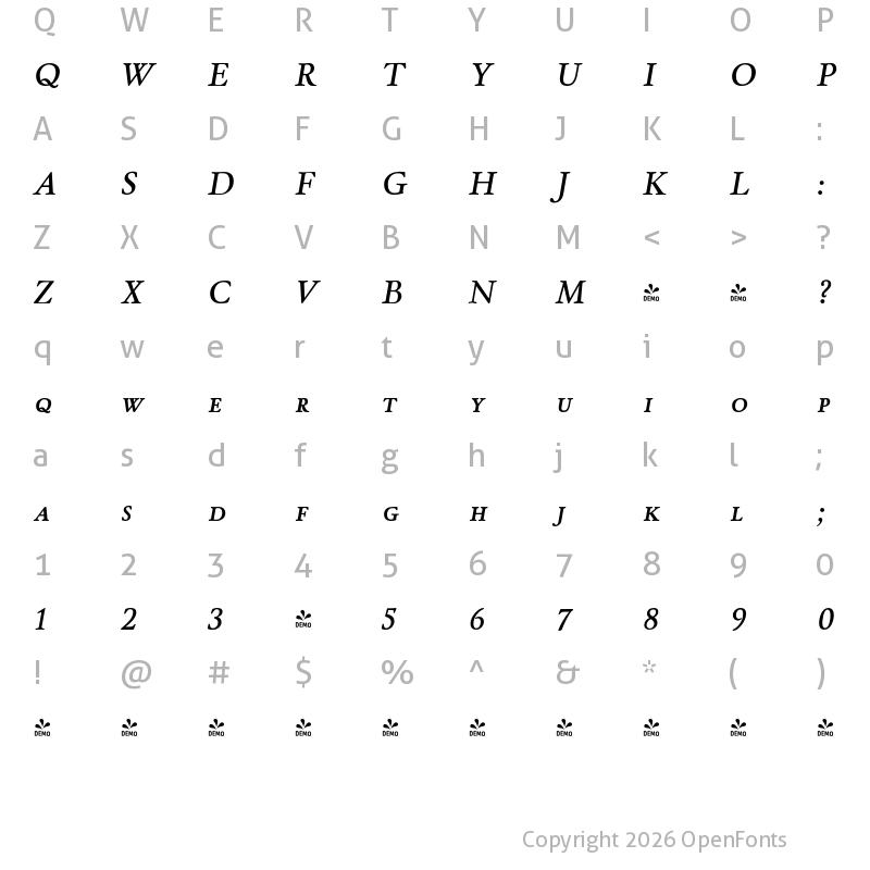 Character Map of FONTSPRING DEMO - Winthorpe Sc Sb Italic