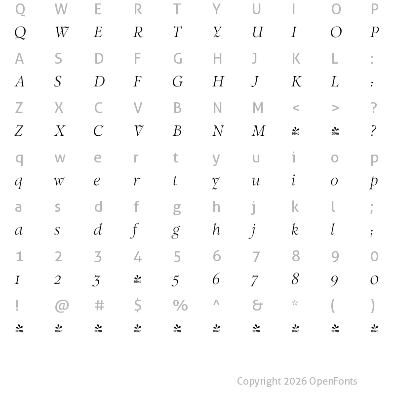 Character Map of FONTSPRING DEMO - Witchcraft Light Italic