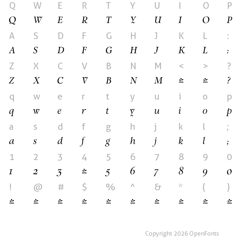 Character Map of FONTSPRING DEMO - Witchcraft Med Italic