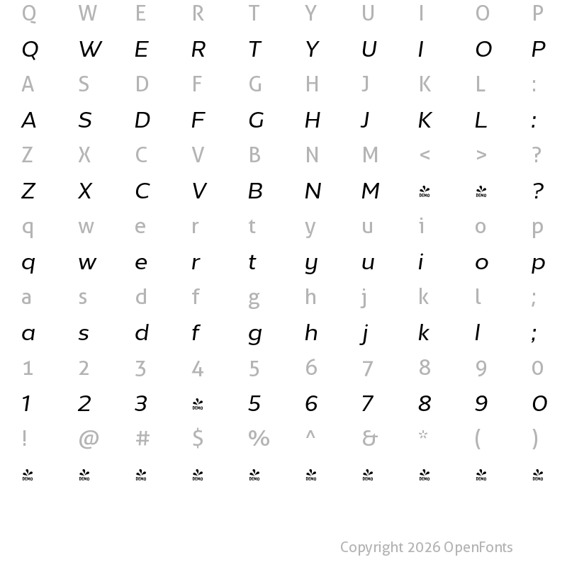 Character Map of FONTSPRING DEMO - Without Alt Sans Medium Italic Regular