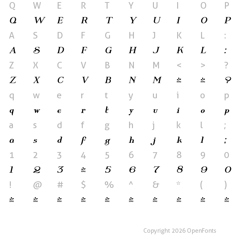 Character Map of FONTSPRING DEMO - Wolverton Body Text Bold Italic