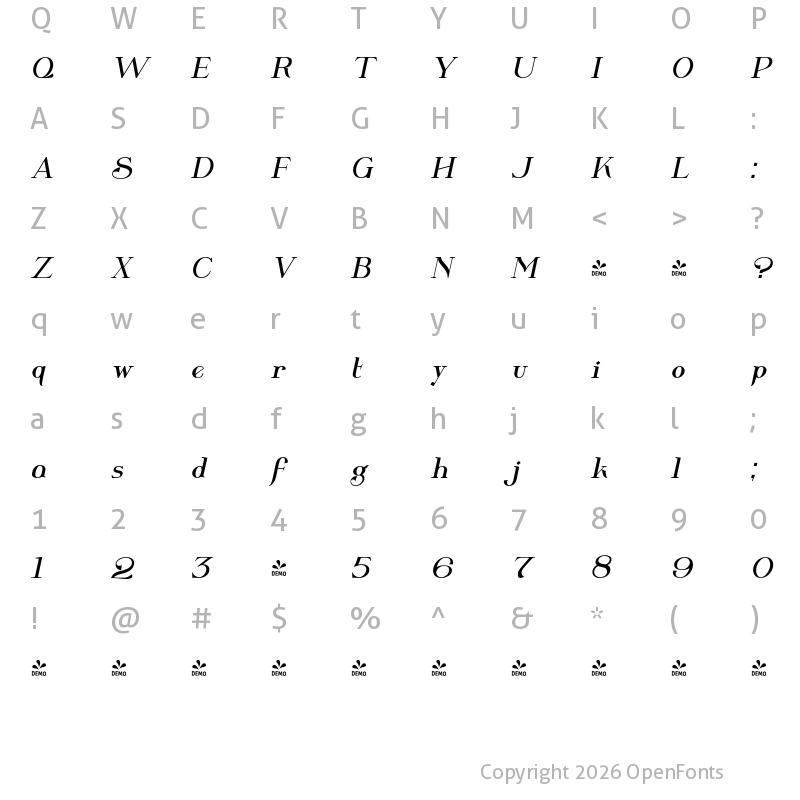 Character Map of FONTSPRING DEMO - Wolverton Body Text Italic