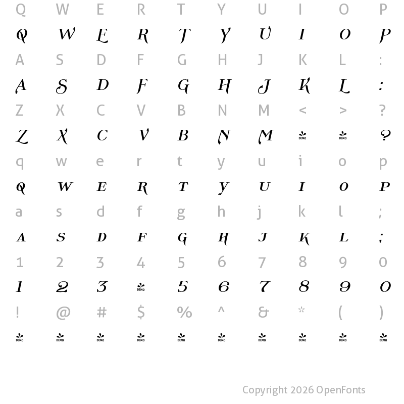 Character Map of FONTSPRING DEMO - Wolverton No.1 Oblique Bold