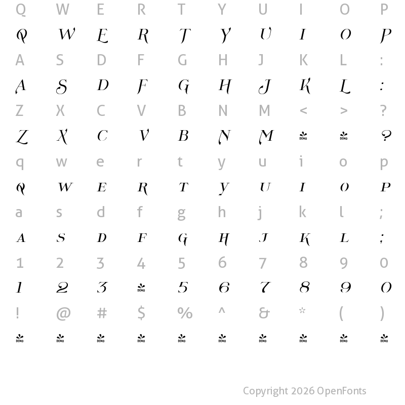 Character Map of FONTSPRING DEMO - Wolverton No.1 Oblique Regular