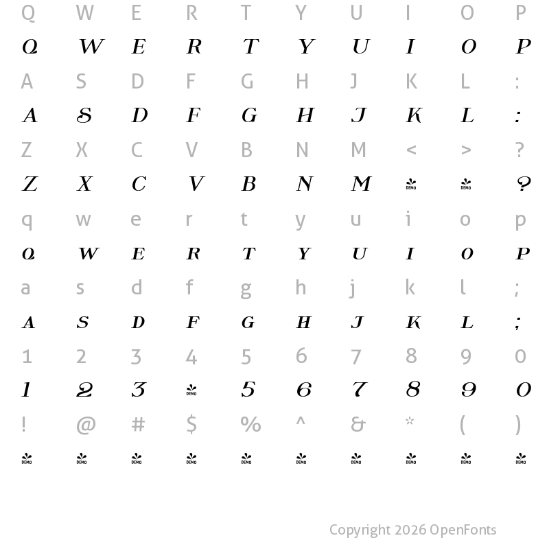 Character Map of FONTSPRING DEMO - Wolverton No.2 Oblique Bold