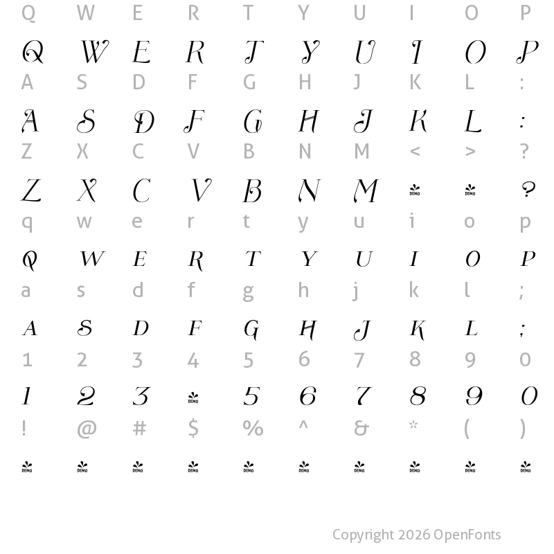 Character Map of FONTSPRING DEMO - Wolverton No.4 Oblique Regular
