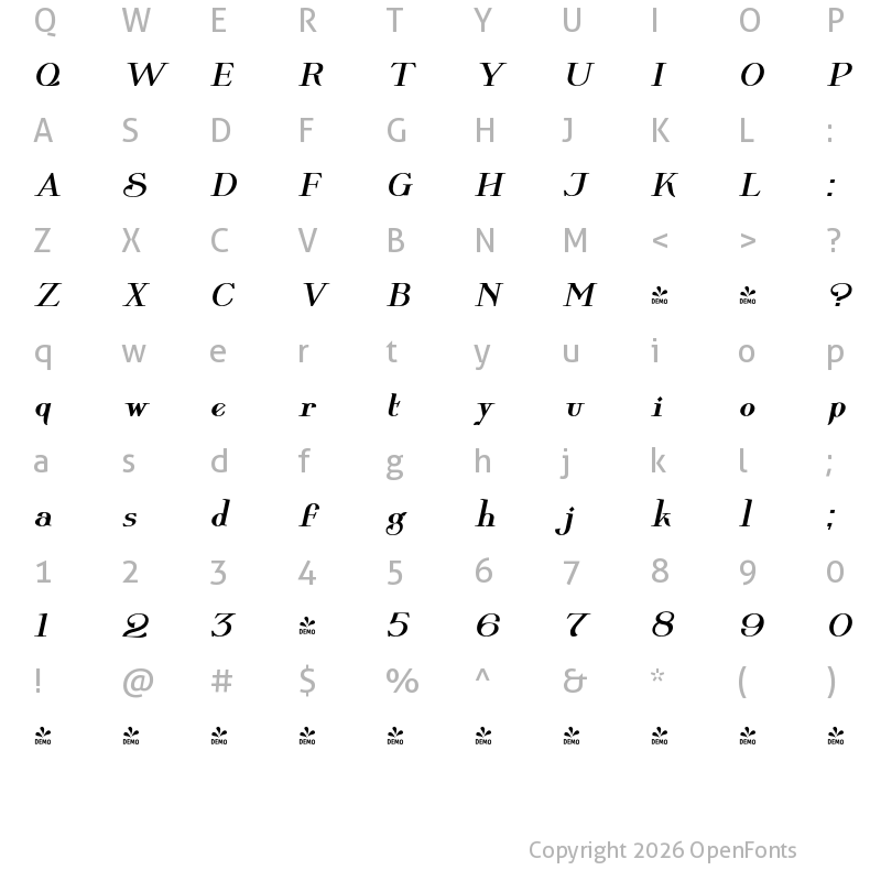 Character Map of FONTSPRING DEMO - Wolverton Text No.2 Oblique Bold