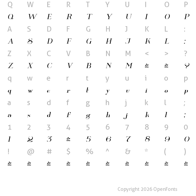 Character Map of FONTSPRING DEMO - Wolverton Text No.3 Oblique Regular