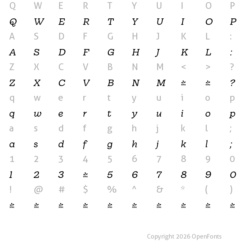 Character Map of FONTSPRING DEMO - Wonder Extralight Italic