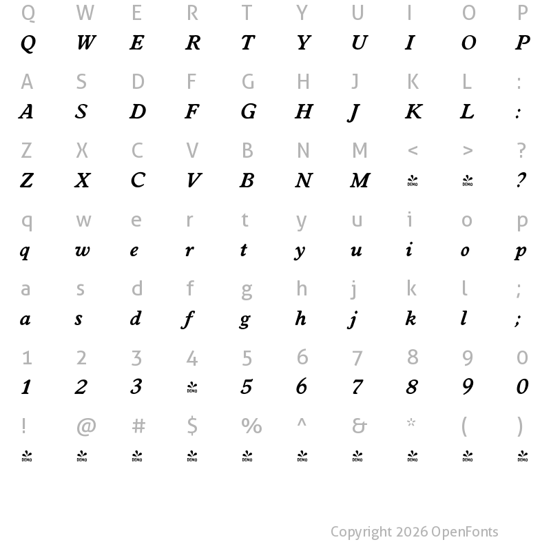 Character Map of FONTSPRING DEMO - Worcester Serial Bold Italic