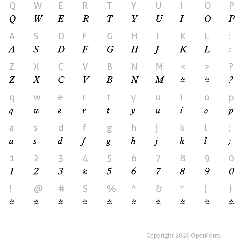 Character Map of FONTSPRING DEMO - Worcester Serial Medium Italic