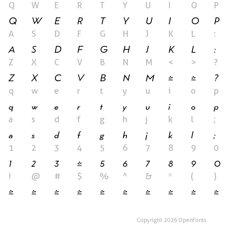 Character Map of FONTSPRING DEMO - Wright Deco It Regular