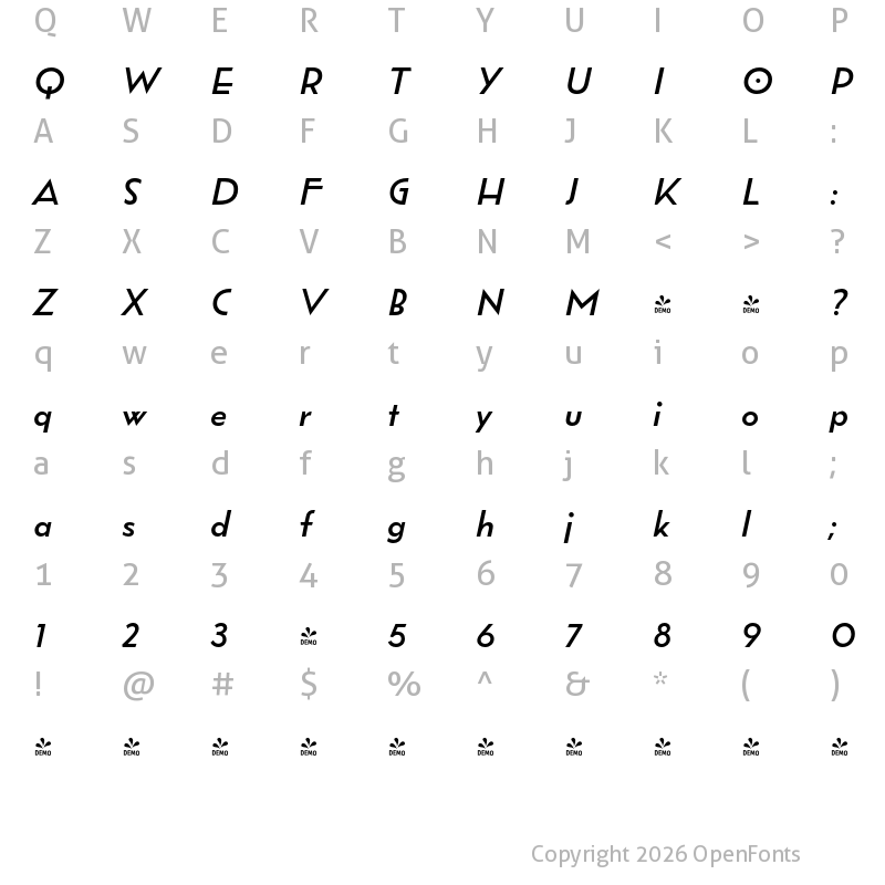 Character Map of FONTSPRING DEMO - Wright Funk SemiBold It Regular
