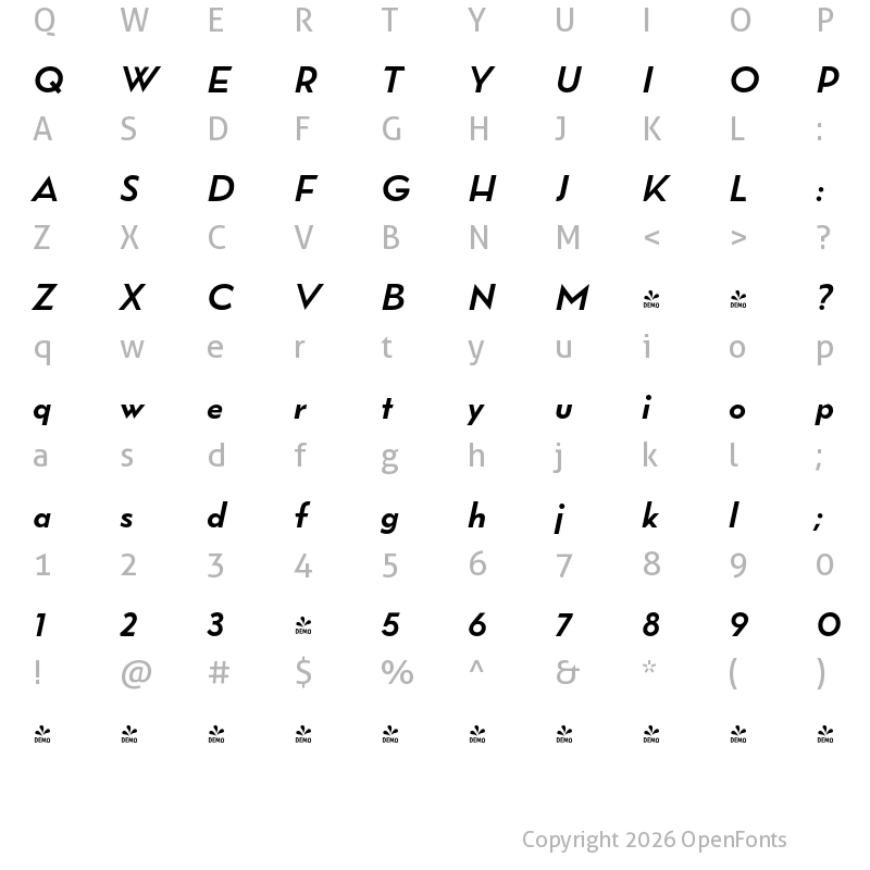 Character Map of FONTSPRING DEMO - Wright Pro Bold It Regular