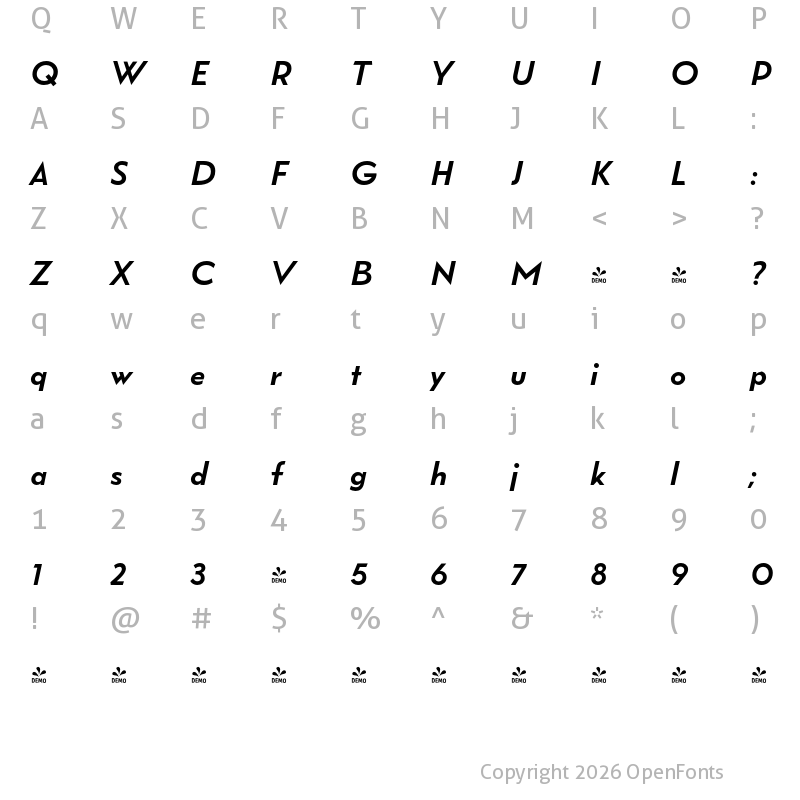 Character Map of FONTSPRING DEMO - Wright Roman Bold It Regular