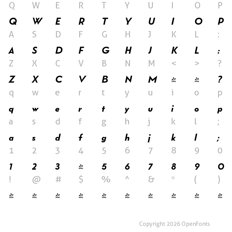 Character Map of FONTSPRING DEMO - Wright Roman ExtraBold It Regular