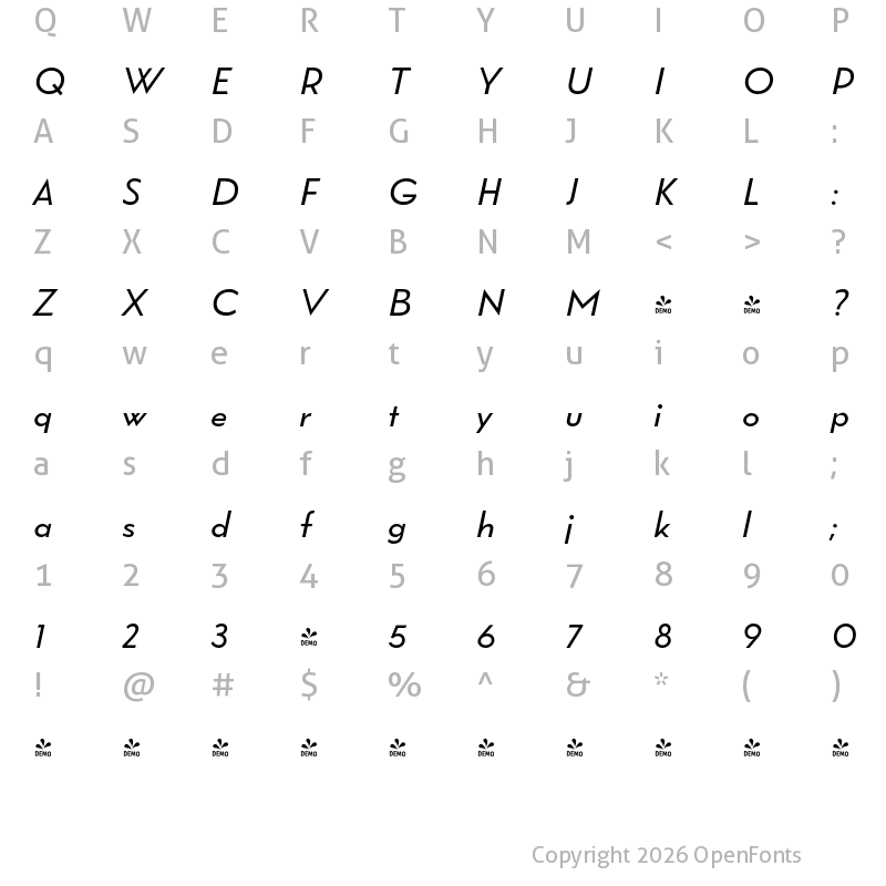 Character Map of FONTSPRING DEMO - Wright Roman It Regular