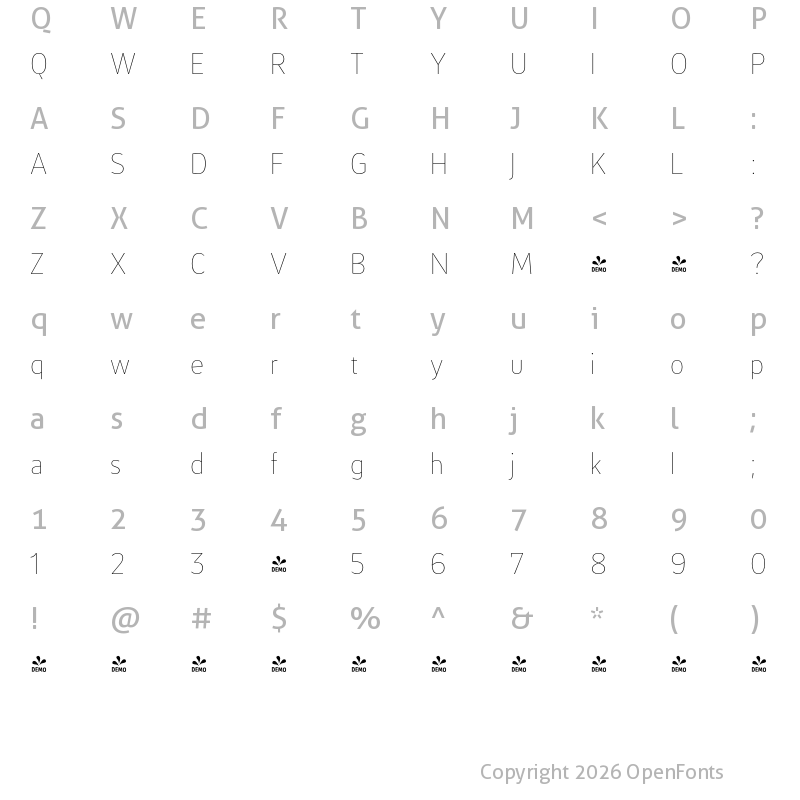 Character Map of FONTSPRING DEMO - xS Hairline Regular