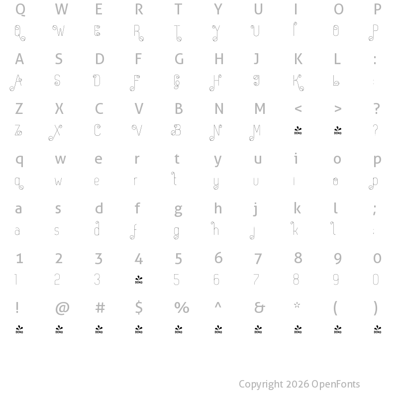 Character Map of FONTSPRING DEMO - Zag Deco Thin Regular