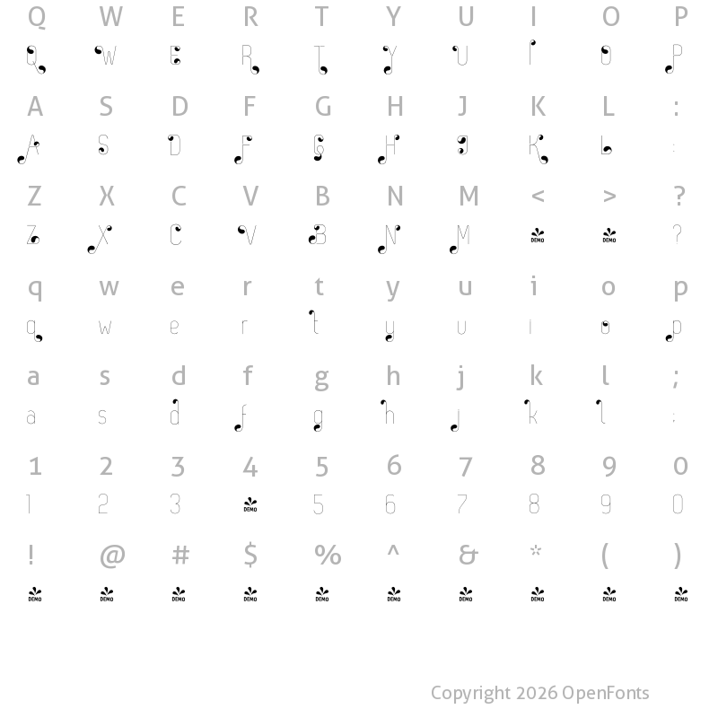 Character Map of FONTSPRING DEMO - Zag Drops Thin Regular