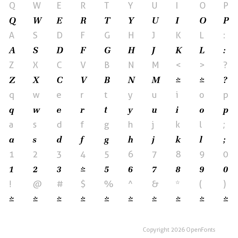 Character Map of FONTSPRING DEMO - Zapf Elliptical 711 BT Bold Italic